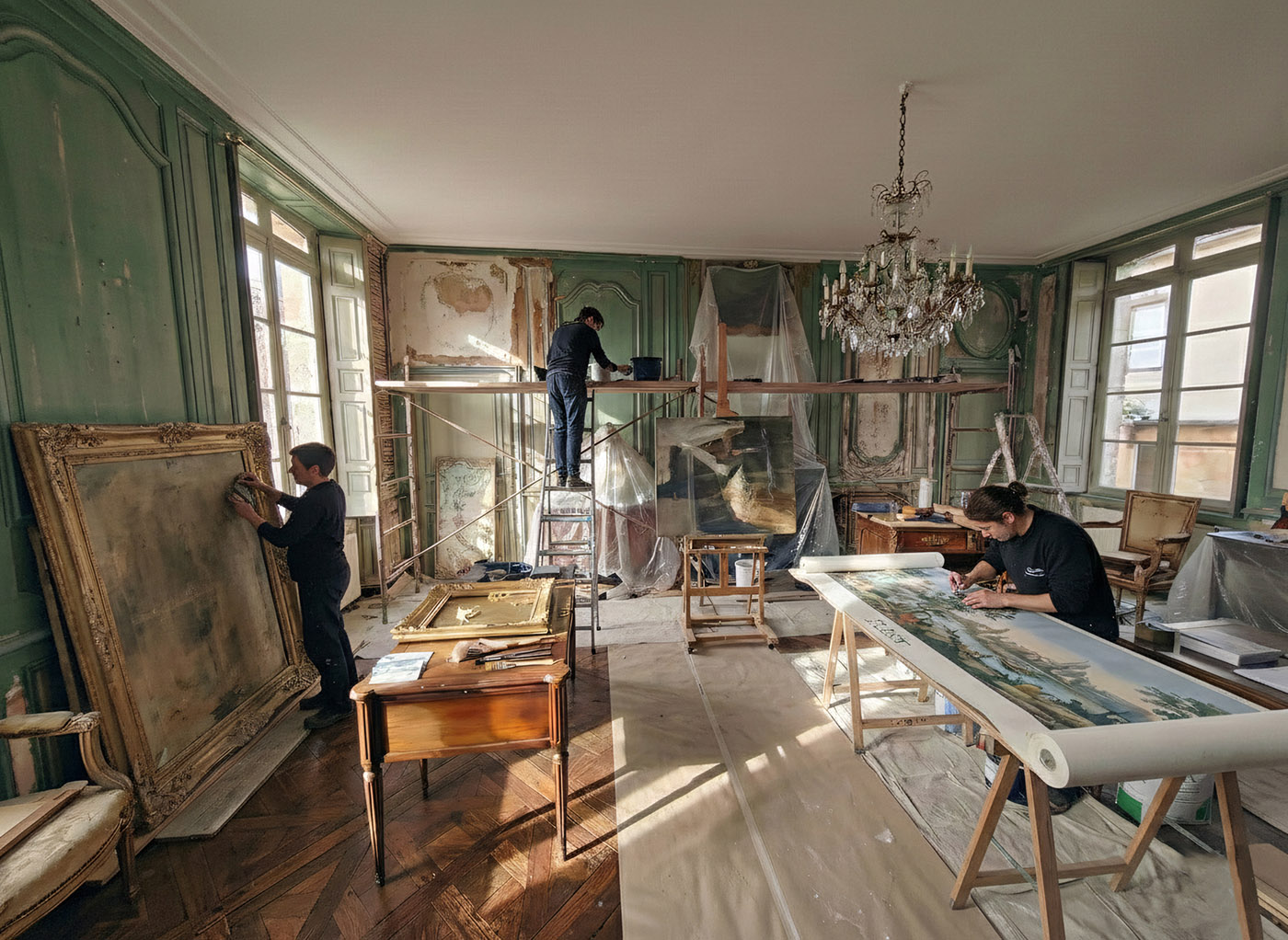 Mortagne-au-Perche, restauration des salons historiques 10 JEMA 2026 à Mortagne au Perche, Le Secret de l'Hotel Crestien de Galais, le chantier de restauration.